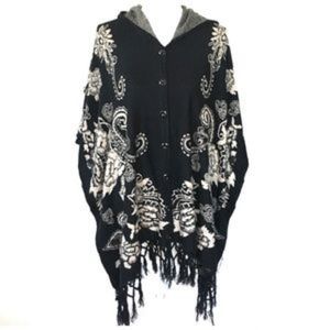 Hooded Button Down Fringe Paisley Navy Blue Poncho